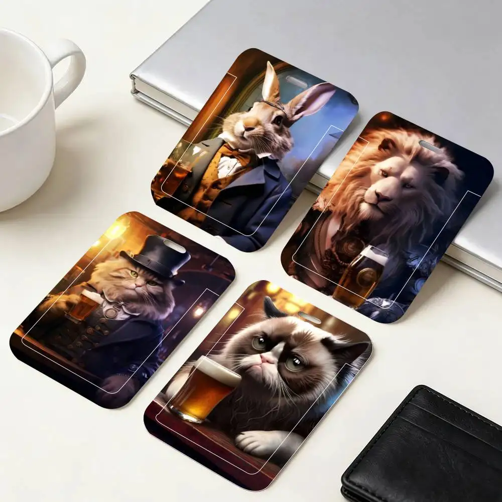 Animal Suit Gentleman Drinking ID Card Holder Neck Strap Pendant Door Badge Holder Lanyards Keychain Work Credential Case Gift