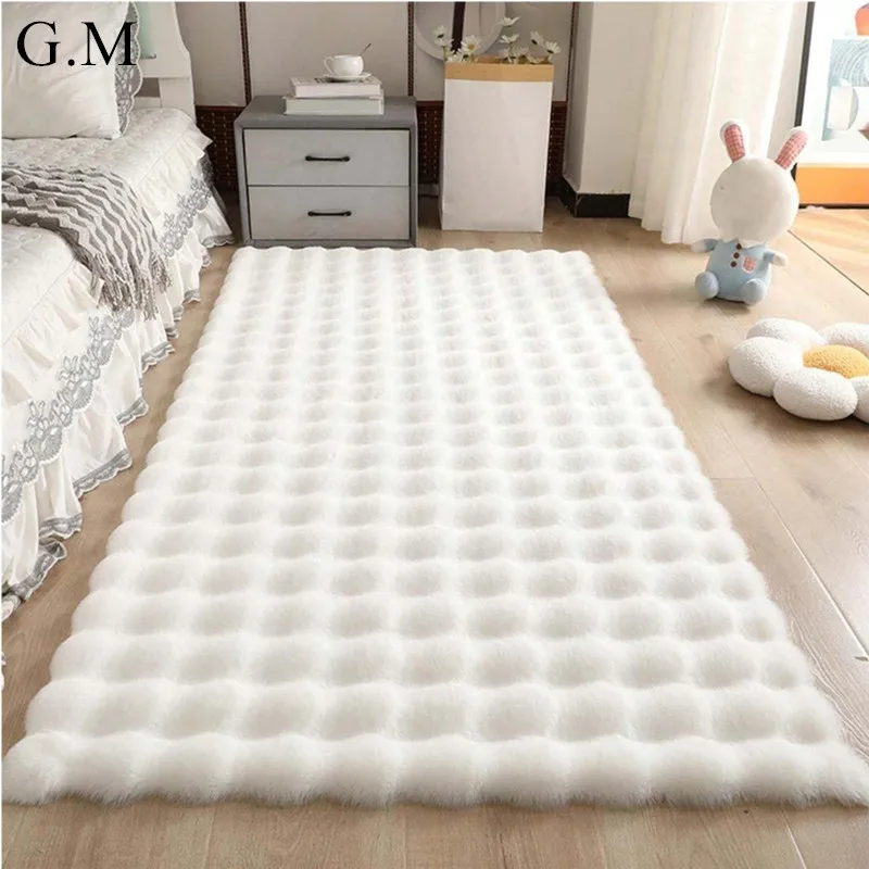 Nordic Faux Rabbit Fur Solid Color Area Rug Fluffy Non-slip Round Rugs for Living Room Bedroom Bedside Bubble Velvet Floor Mat