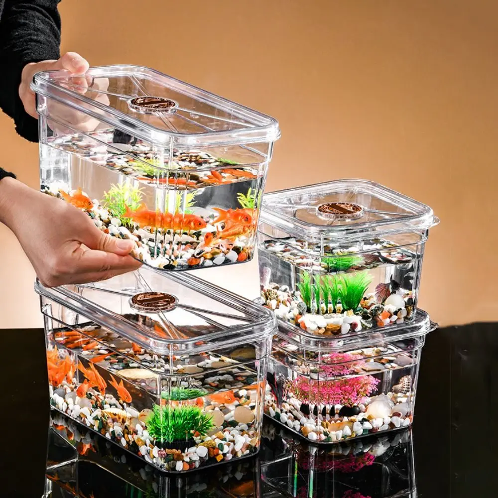 Square/Rectangle Desktop Goldfish Bowl Broken Resistant Dustproof Betta Bowl with Lid and Handle Transparent Plastic Fish Tank