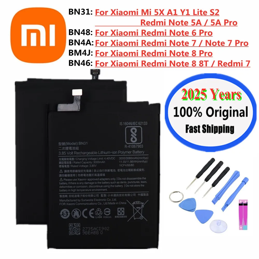 2025 Years 100% Original Battery For Xiaomi Redmi Note 5A Pro / 6 Pro / 7 Pro / 8 Pro 8T 7Pro Mi 5X A1 Y1 Lite S2 Phone Battery