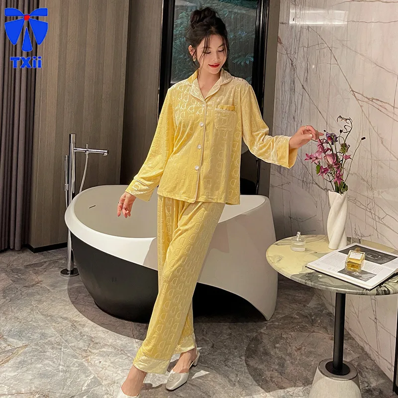 Autumn Thin Velvet Pajamas Women\'s New High-end Sense Solid Color Light Luxury Long-sleeved Trousers Home Clothes suit