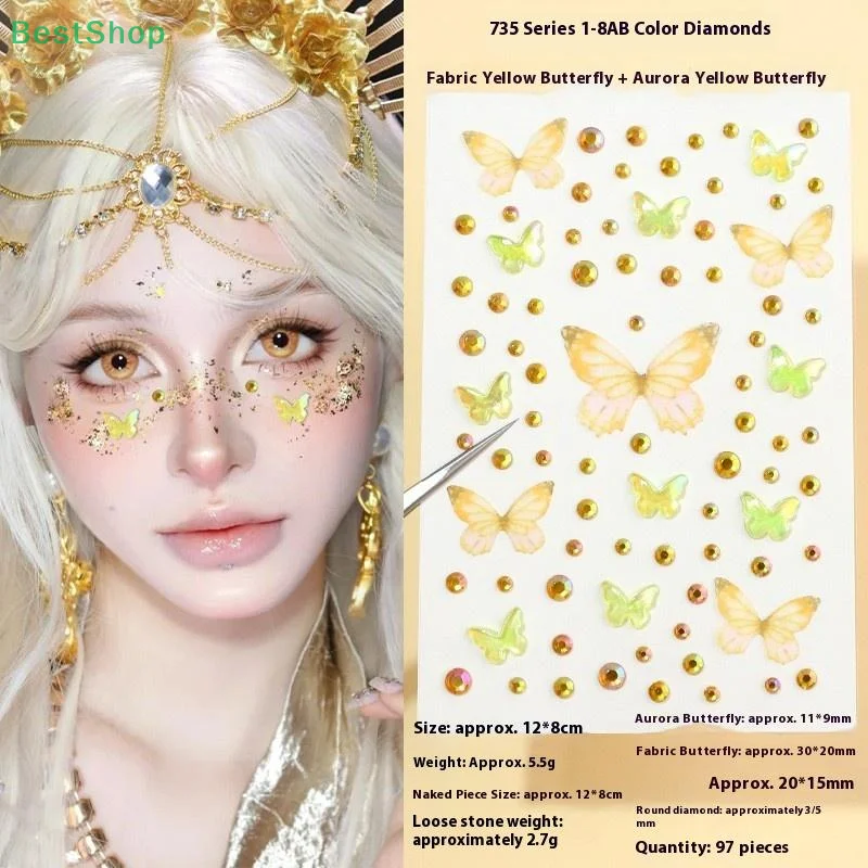 1 Lembar Stiker Wajah Kupu-kupu Elf Berhiaskan Berlian Imitasi Kawaii Perekat Sendiri Dekorasi Kupu-kupu Tenun Untuk Panggung Konser Perlengkapan Rias