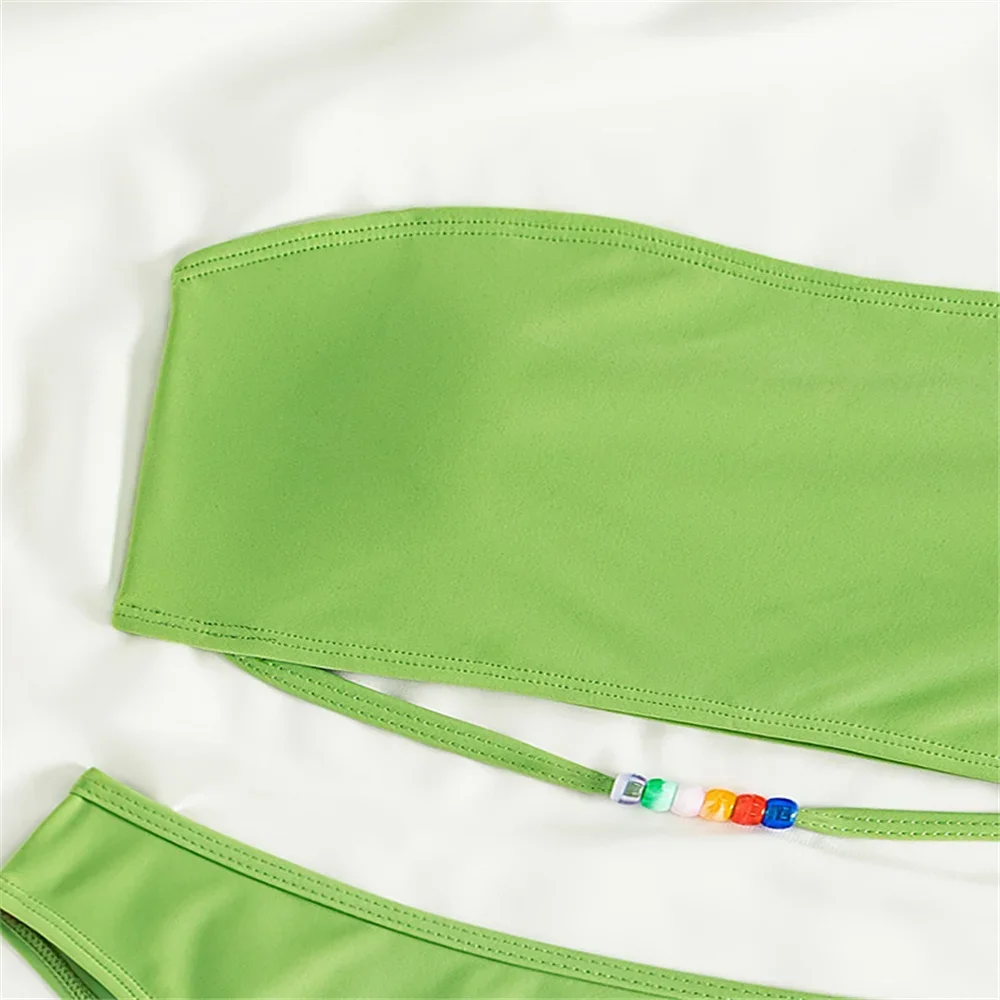 Сексуальный купальник-бандо, зеленый бикини, бисер, Y2K, купальник для отпуска, женский купальный костюм, пляжные стринги, комплект бикини, летняя одежда