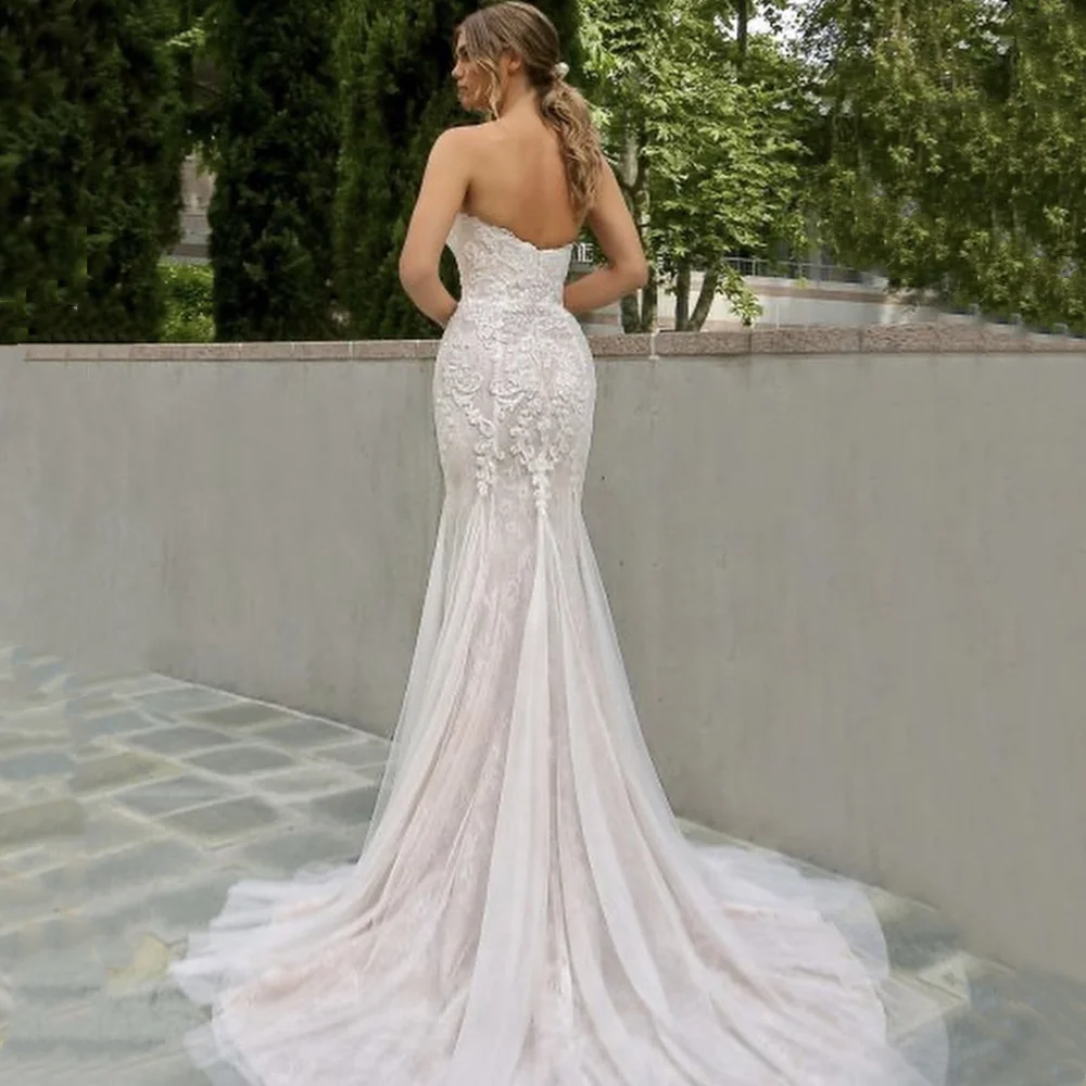 Yunshang Trouwjurk Zeemeermin Liefje Mouwloze Rugloze Kanten Appliques Sweep Trein Elegante Bruidsjurk Vestidos De Novia