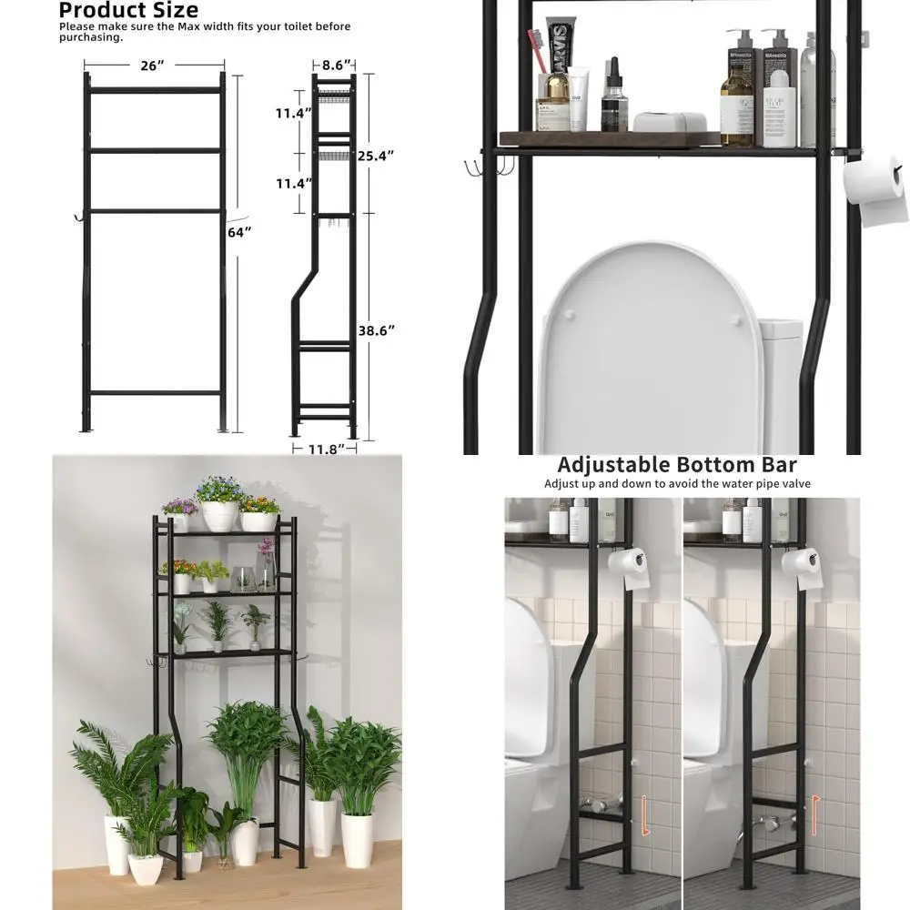 

Over-the-Toilet 3-Tier Metal Shelving with Hooks and Paper Holder for Bathroom Storage in Black