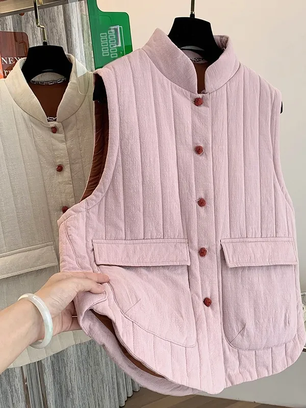 Retro Artistic Linen Cotton Vest Women's Faion Outerwear Thiened Winter Coat Multi-layered Wearable Commute Sle