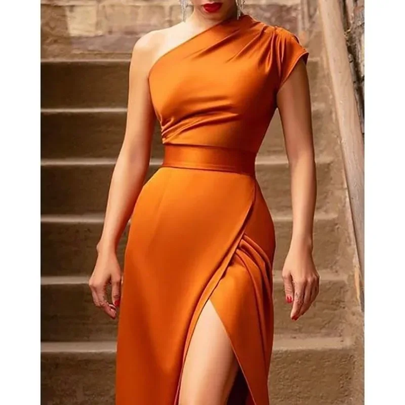 Elegant Banquet Summer Long Skirt Cinched Orange High Waist Temperament Commuter Sleeveless Solid Color Slanted Shoulder Dress