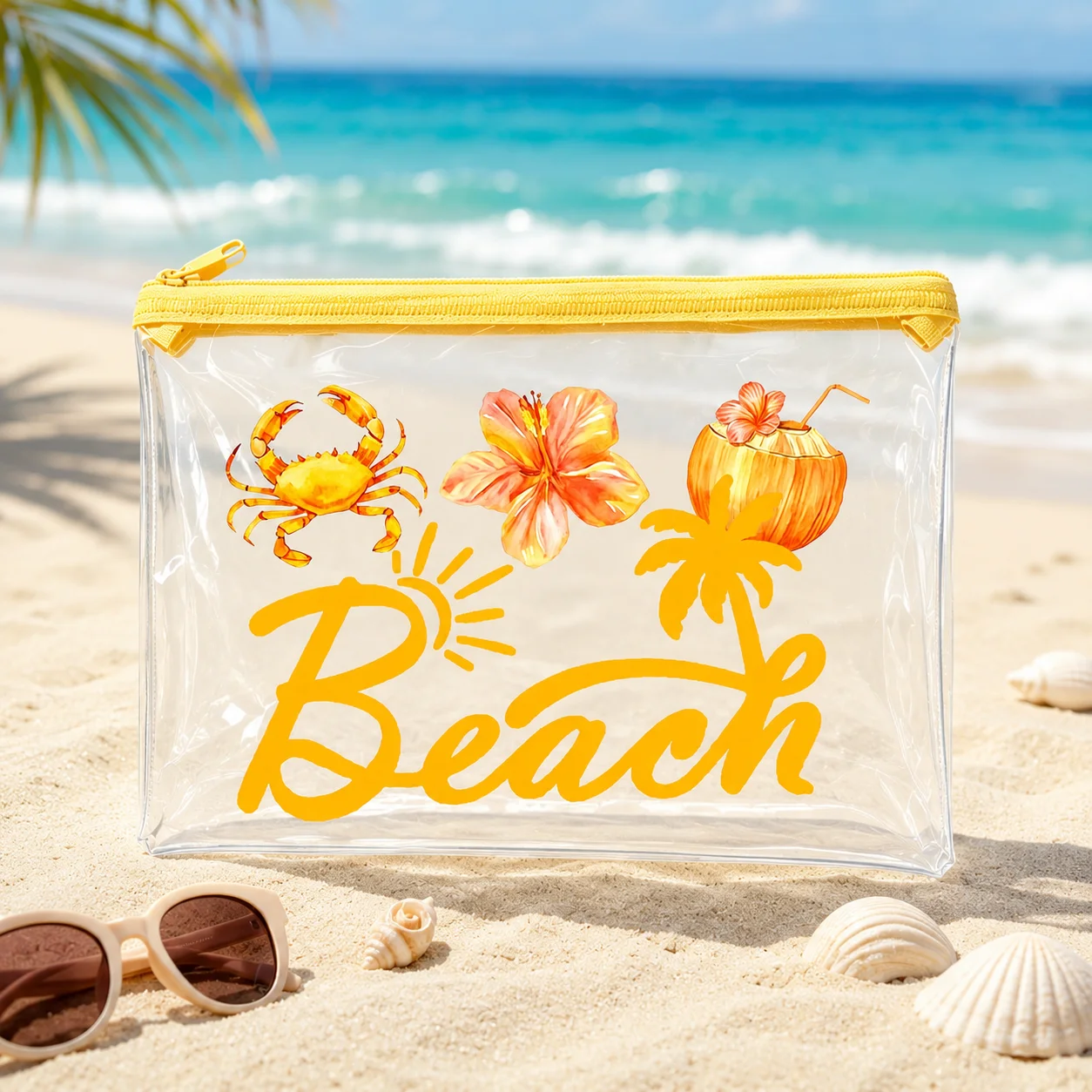 Tropical Crab Clear PVC Cosmetic Bag, Waterproof Yellow Zipper Toiletry Pouch for Women, Beach, Pool, Travel & Vacation