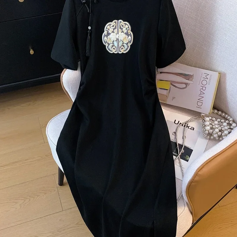 New Chinese Disc Buckle Embroidered Black Dress New Plus Size Waist T-Shirt Dress for Summer