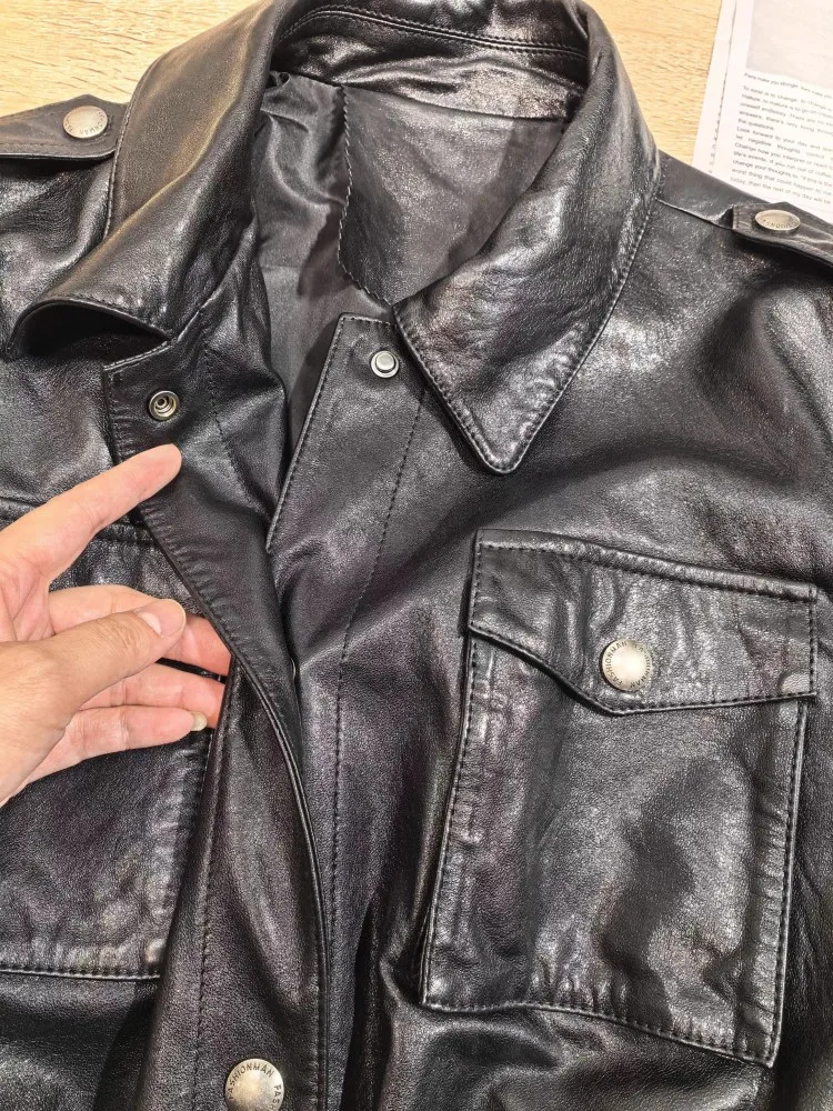 Cappotto giacca a vento medio lungo multitasche da donna Giacca autunnale in vera pelle di pecora Capispalla trench in vita regolabile vestibilità ampia