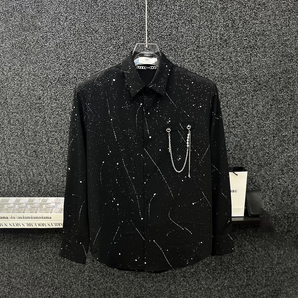 Camisa masculina corrente de metal céu estrelado camisa streetwear moda palco desempenho boate salão de baile manga longa topo roupas masculinas