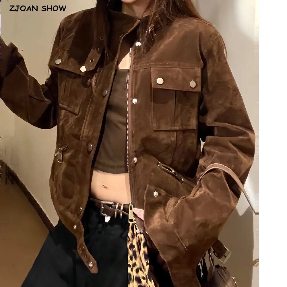 New COOL Giacca da donna in pelle scamosciata autunnale in pelle PU Cappotto con zip a maniche lunghe retrò americano Capispalla corto caffè vintage