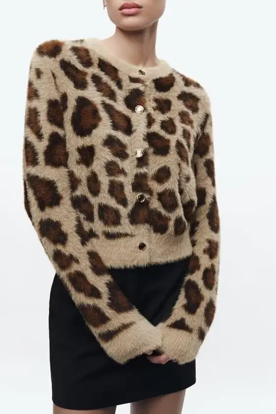 

Sweater 2024 Winter New Product Women's Jacquard Artificial Fur Effect Haima Hair Leopard Pattern Knitted Cardigan Coat