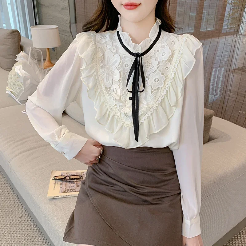 New Long Sleeve Ruffled Women Blouse Lace-up Ruffles Blouse Shirt Women Tops Blouses Shirts Blusas Para Mujer Camisas Blusa M680