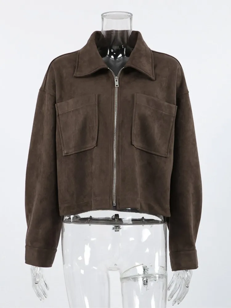 Retro Suede Short Jacket Women Autumn 2025 New Fashion Loose Casual Turn Down Collar Zipper Outerwear Street Chic Office Coat