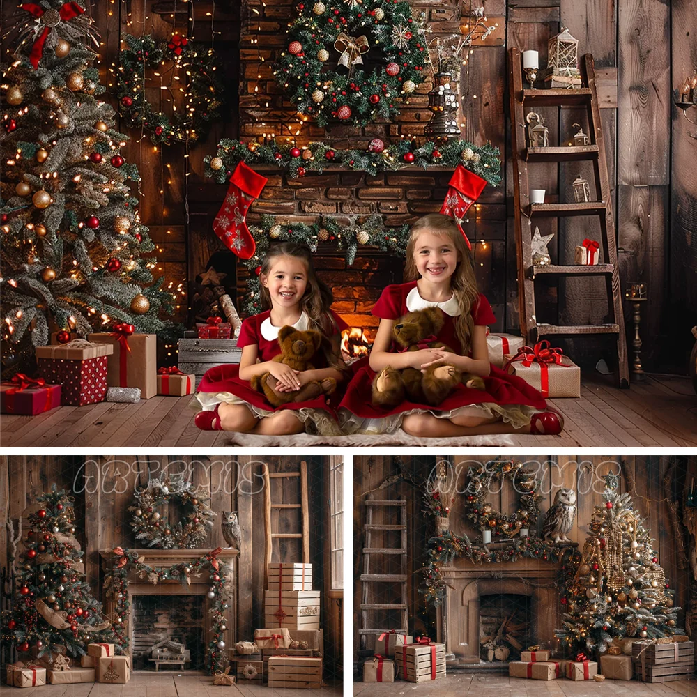 

Christmas Backdrop For Decoration Brown Wood Owl Warm Fire Place Wooden Ladder Christmas Tree Background Photo Studio Photocall