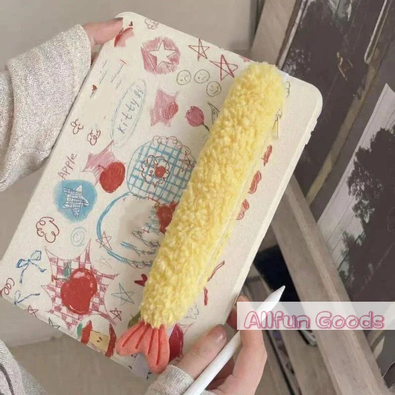 1Pcs Super Cute Fried Shrimp Tail Ribbon Pen Case, Single-layer Portable Stationery Organizer With INS Style Fleece, Student Sch