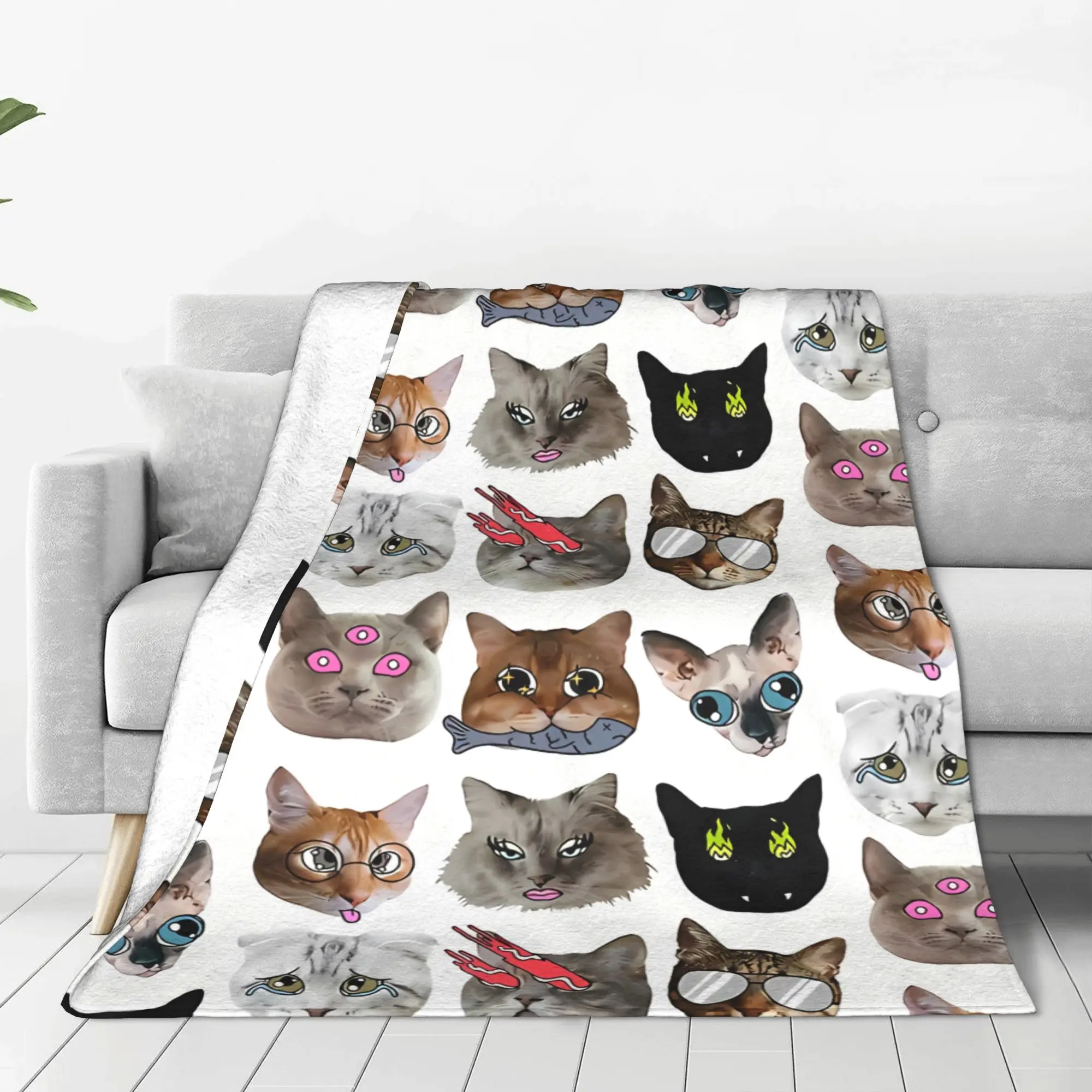 1PC Home Cute Room Decor Crazy Cats Blanket Throw Blanket Cat meme Novelty Warm Blanket All Season