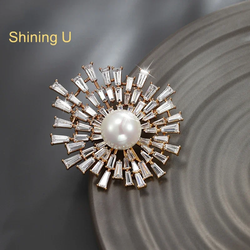 Shining U Full Zircon Gemes Simulated Pearl Brooch for Women Fashion Accessory