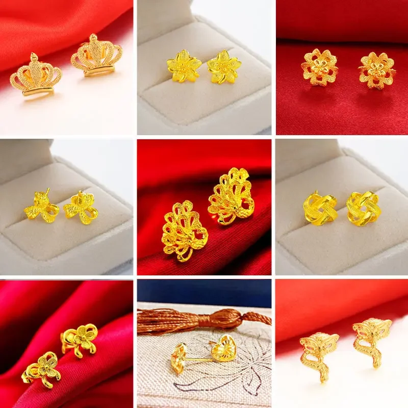 ANGLANG Imitation 18K Real Gold Plated 999 Flower Stud Earrings for Women Allergy Free Ear Sticks All-Match Petal Peacock Never