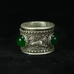 Chinese Old Tibet Silver Inlay Green Jade Carved Kylin Totem Ring 21Mm