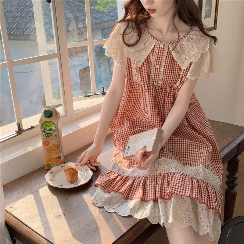 Plaid Retro Elegant Casual NightDress Soft Ruffles Sweet Simple Summer O-Neck Princess Long Sleepwear Cotton Lace Short sleeve