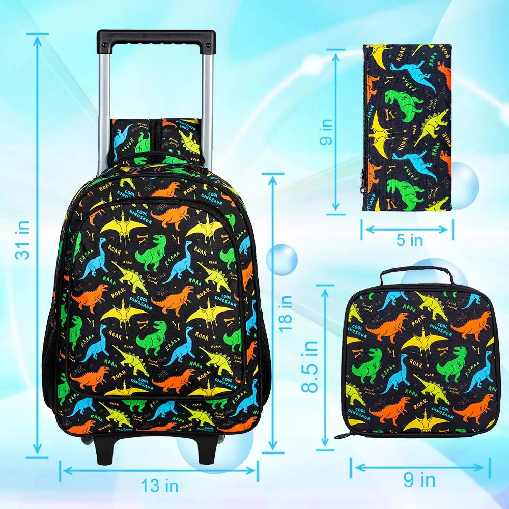 3-delige rollende rugzak voor jongens, dinosaurusrolboekentas voor kinderen met wielen, schooltassenset op wielen voor elementair - zwart