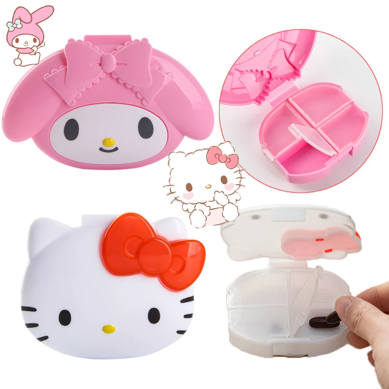 Kawaii Sanrios Melody KT cat Cartoon Portable Pill Cases anime Portable Drug Tablet Dispenser Medicine Storage Organizer 4 Slots