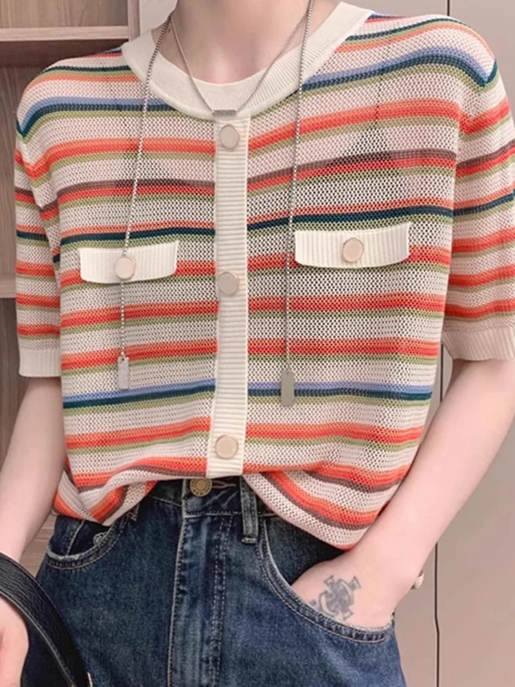 

Hollow out Breathable Color Blo Design ort Sve Knitted Ice Silk Top round Ne Pullover Summer Faionable W...