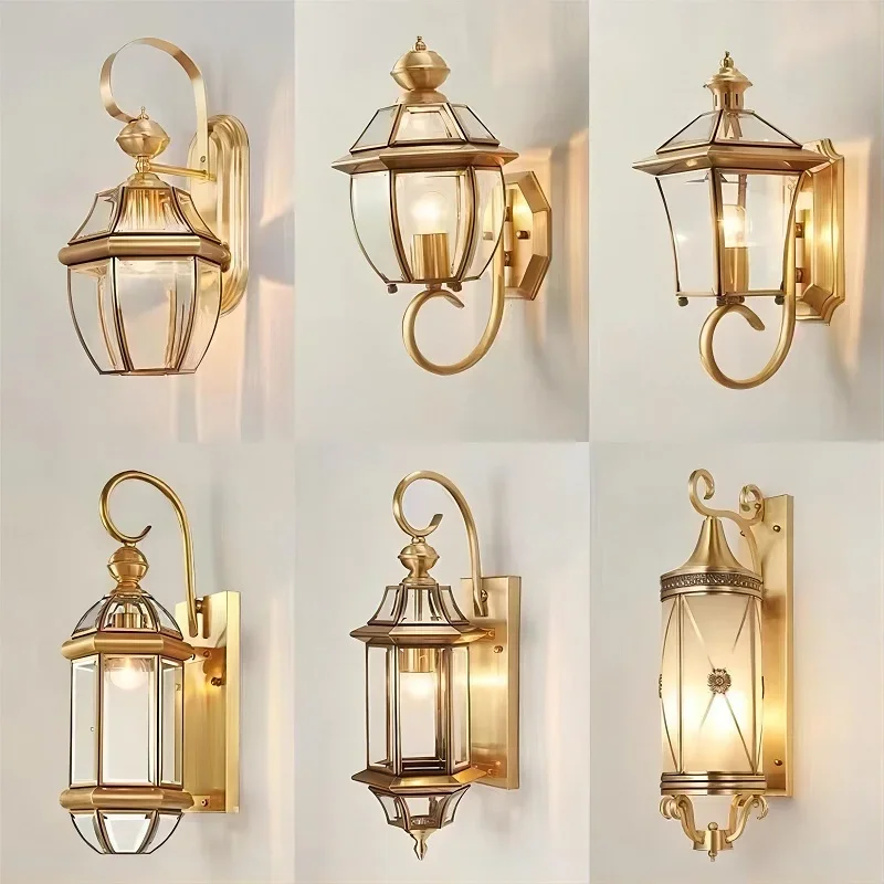 

European Outdoor Full Copper Wall Lamp Balcony Corridor Waterproof Brass Porch Lights Villa Courtyard LED Exterior Lighting