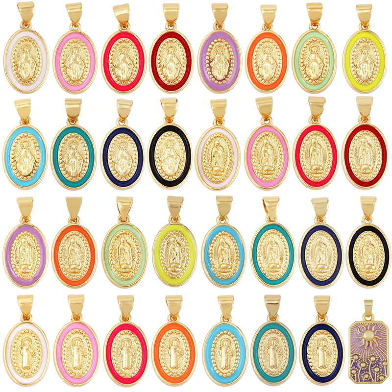 Medalla esmaltada, colgante santo católico de la Virgen María, chapado en oro Real de 18 quilates, joyería artesanal para collar Diy al por mayor M53