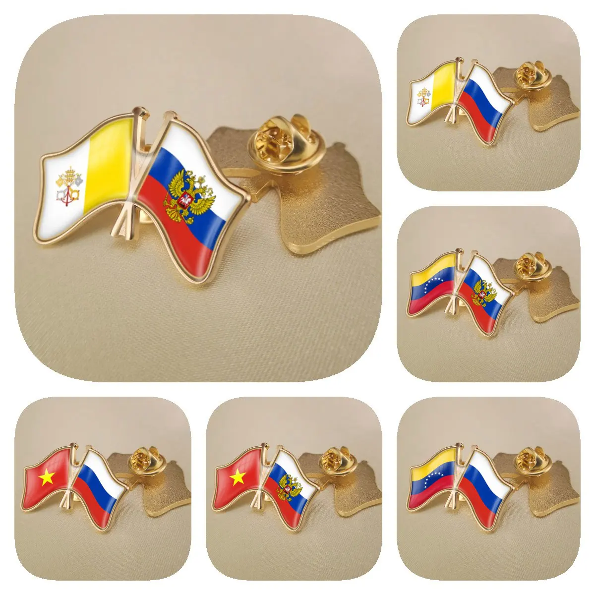 Russian Federation and Vatican City State Venezuela Vietnam Double Crossed Friendship Flags Brooches Lapel Pins Badges