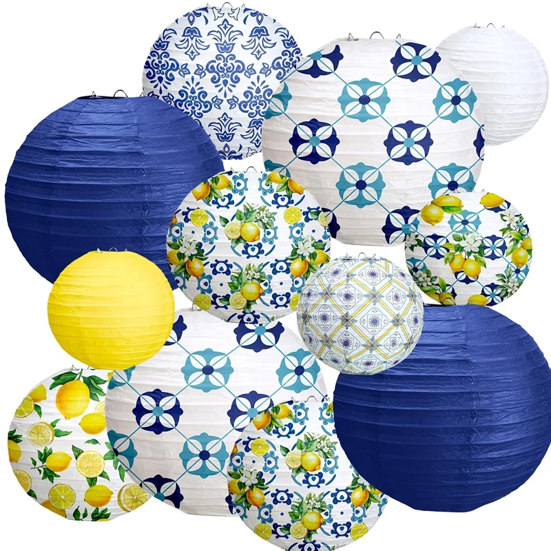 12 Stück Capri-Zitronenmuster-Papierlaterne, Partyzubehör, Brautgeschenk, Party, Hochzeit, Ennanna, Küste, blau, gelb, Keramikfliesen, mediterrane Party, Papierlaterne, hängende Dekoration, Zitrone,