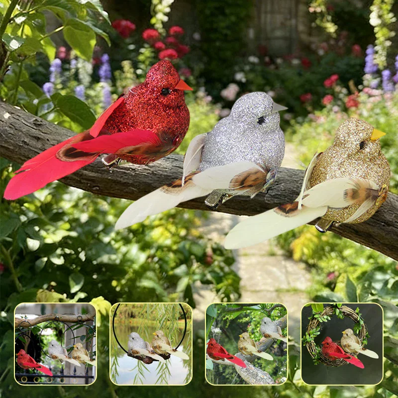 1pcs Simulated small bird with gold powder feathers, green plants, garden greening decoration, artistic bird .