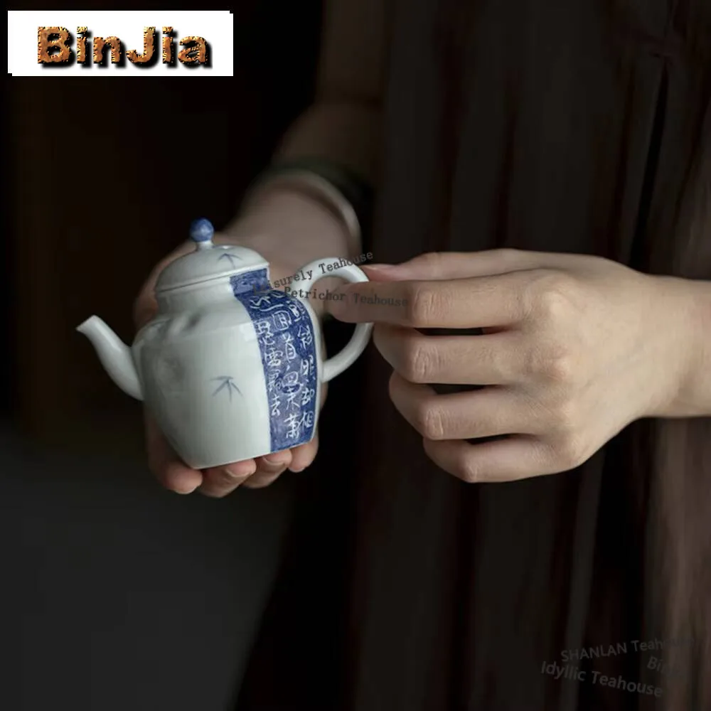 135ml Sprinkle Blue Handmade Teapot Household Handwritten Poetry Teapot Ancient Filter Pot Tea Brewing Kettle Tea Items Ornament