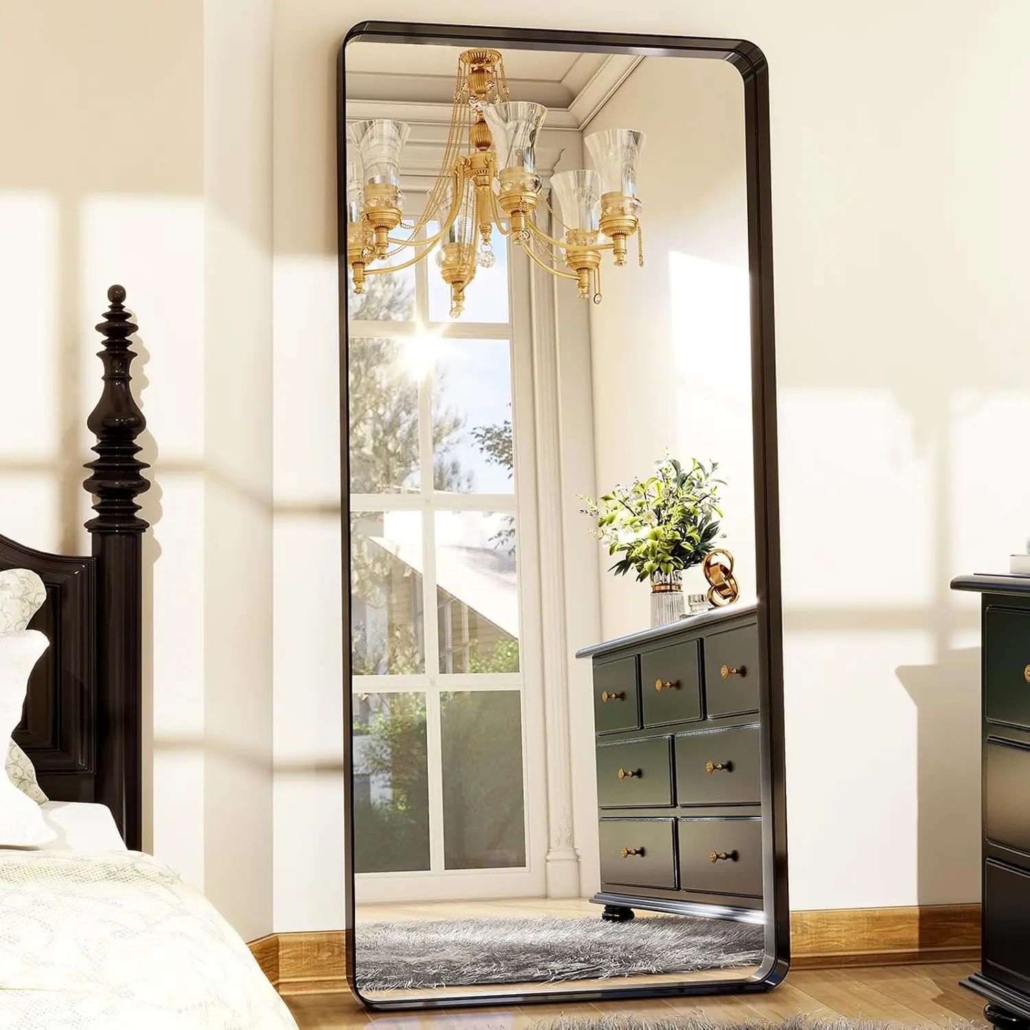 Mirror - Black Deep Framed Floor Mirror, Wall-Mounted Rectangular Dressing Mirror for Home Decor in Bedroom, Bathroom, Living Ro