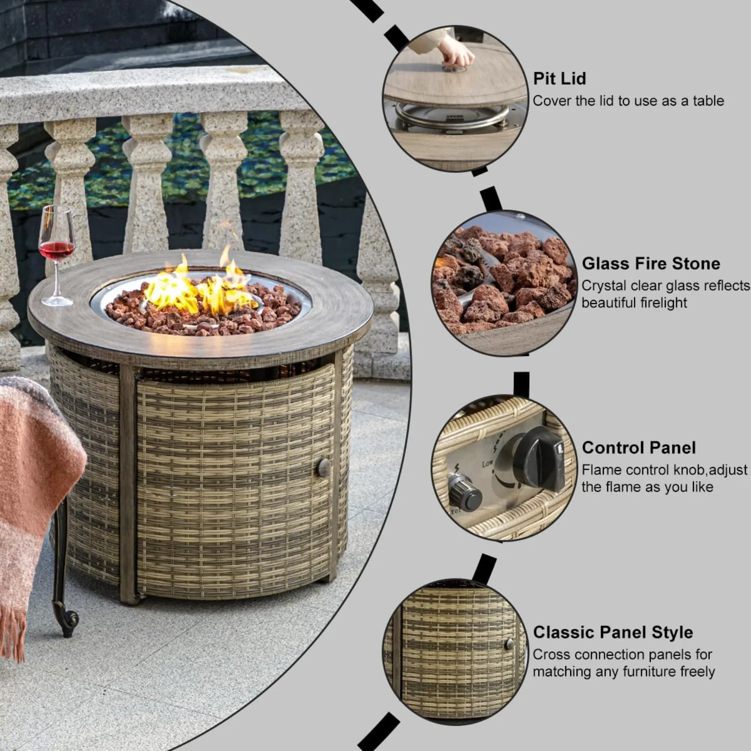 32 inch Propane Fire Pit Table,Wicker Gas Fire Pits Table with Lid & Lava Rocks, 50000 BTU Round Propane Firepit for Outside