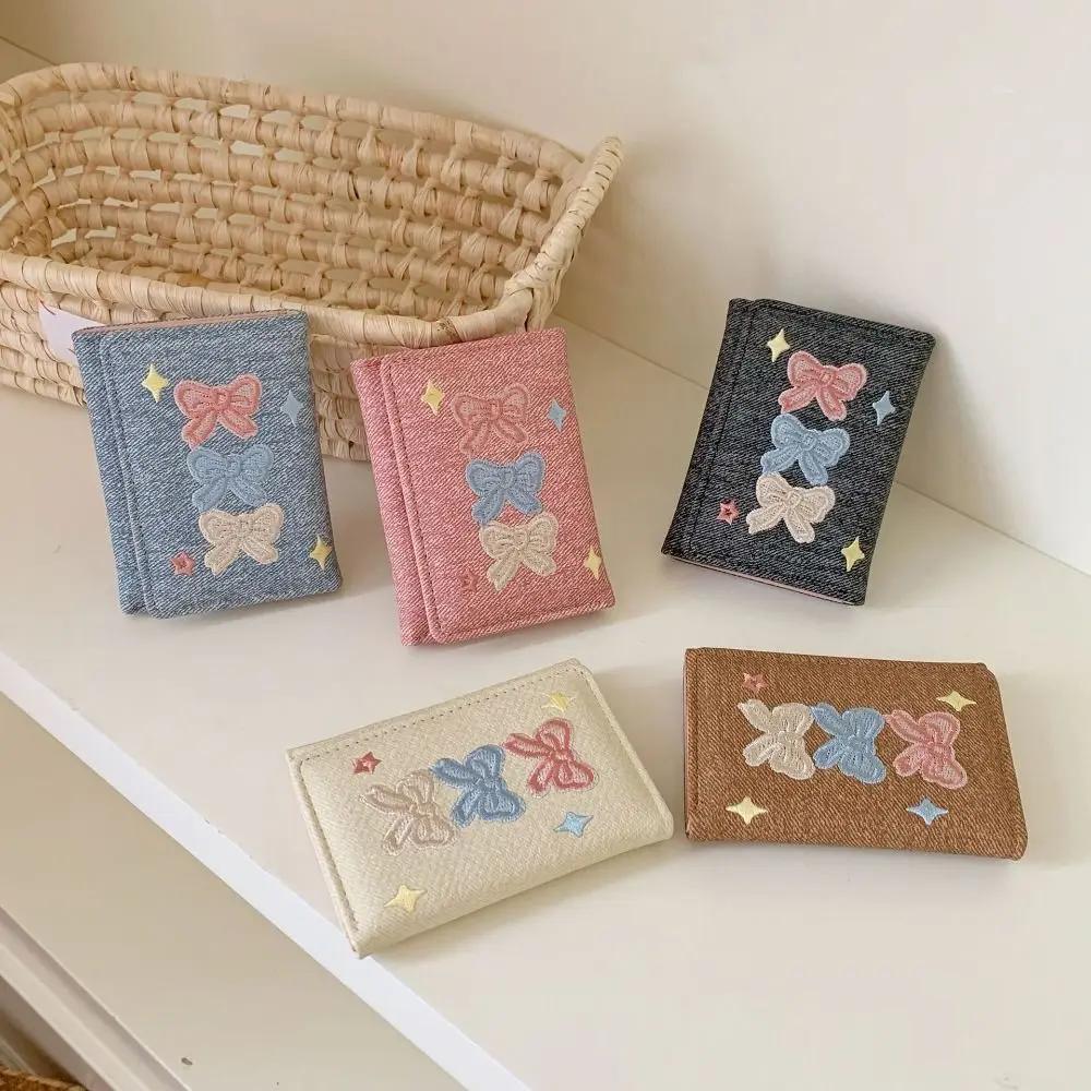 Coin Pouch Portable Embroidered Bow Wallet Embroidery Cute Denim Coin Purse Fashion PU Leather Three Fold Wallet Student