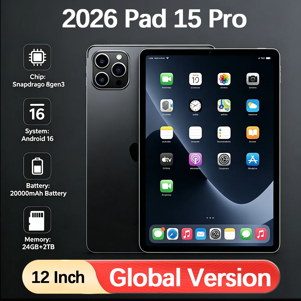 2026 Original Pad 15 Pro Tablet PC 22GB+2TB Android 16 20000mAh Snapdragon 8Gen3 12 Inch Tablets PC 5G Dual SIM Card WIFI HD 4K