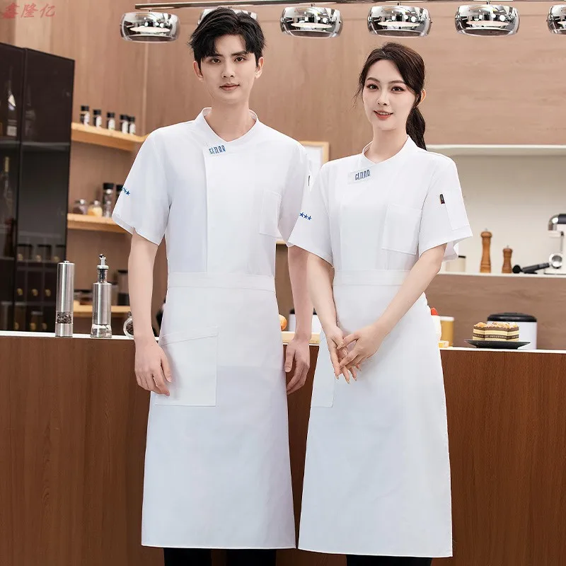 夏非対称ネック半袖シェフジャケットケータリングホテルレストランキッチン作業服夏ベーキングシェフペストリーシェフ Un