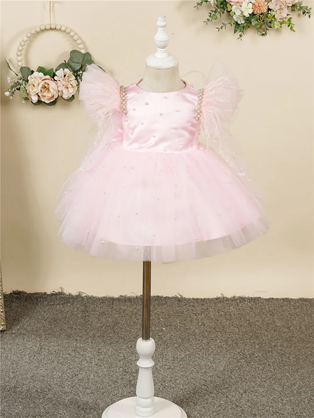 

Puffy Pink Flower Girl Dress Pearl Sleeves Princess Dress Girl Brithday Party Dress Girl Dress Baby Girl Dress Frist communion