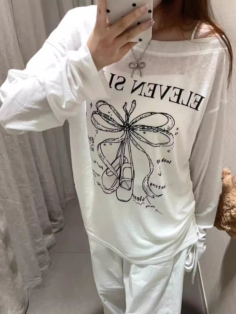 

Ленивая мода, тонкие женские белые летние топы, футболка с длинным рукавом и круглым вырезом, повседневный топ большого размера, 2025 г., топ в японском и корейском стиле