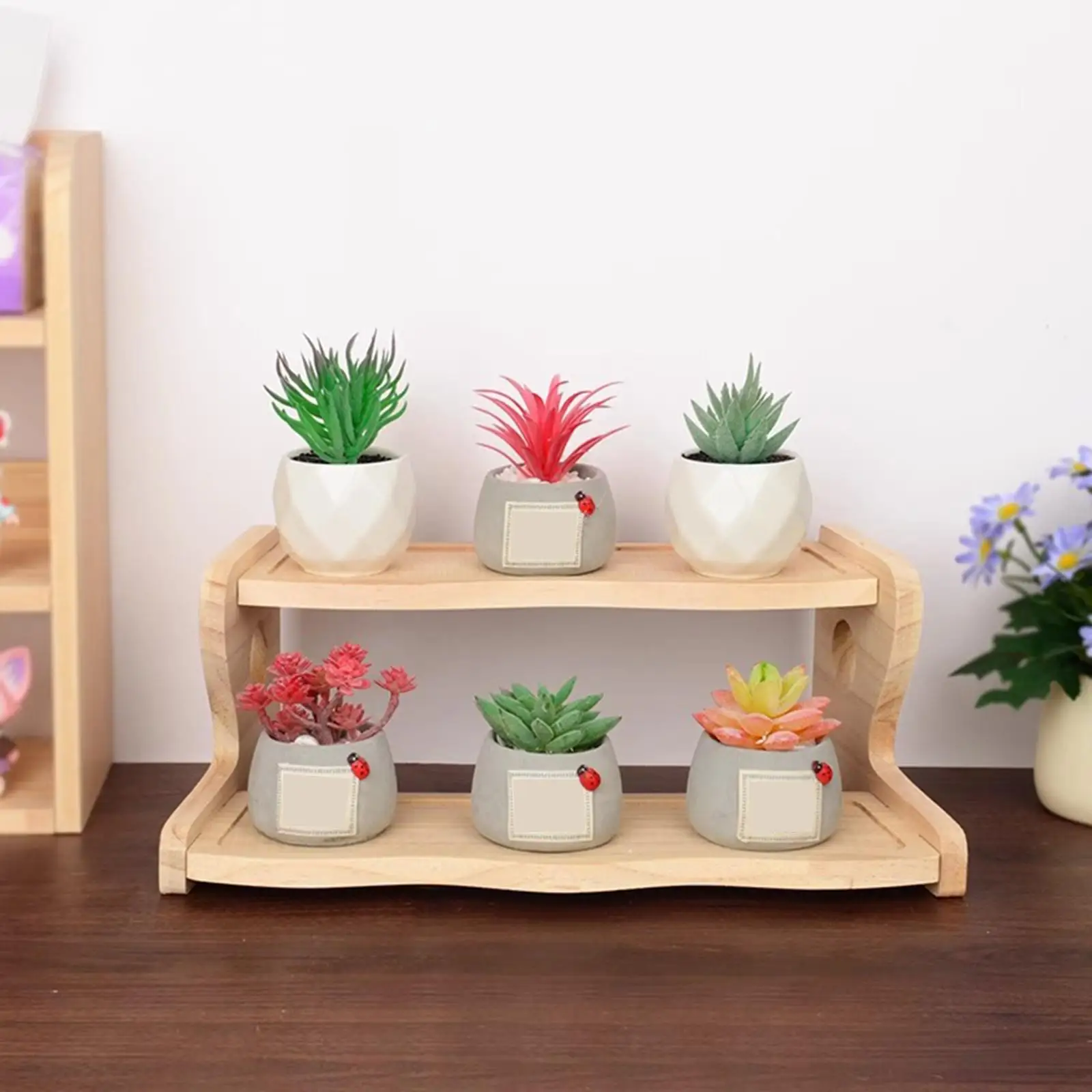 Plant Stand Flower Pot Stand Decorative 2 Tiers Mini Wooden Tabletop Ladder Shelf Spice Rack for Balcony Countertop