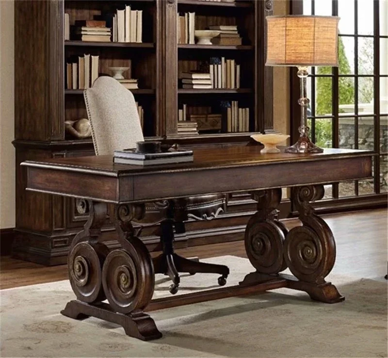 Solid wood desk, American oak retro carved computer desk, study student writing desk