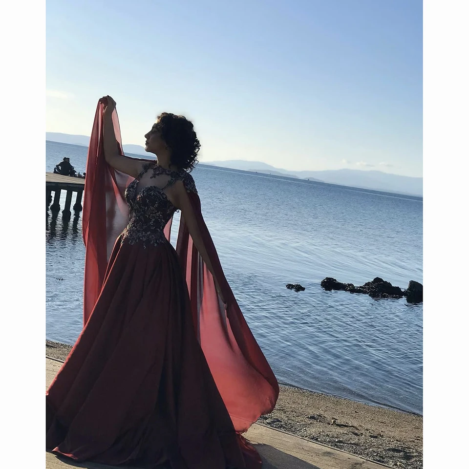 Charming Burgundy Sweetheart Appliques Evening Dress 2025 A-Line Floor Length Stain Shawl Chiffon Zipper Custom Made Prom Dress