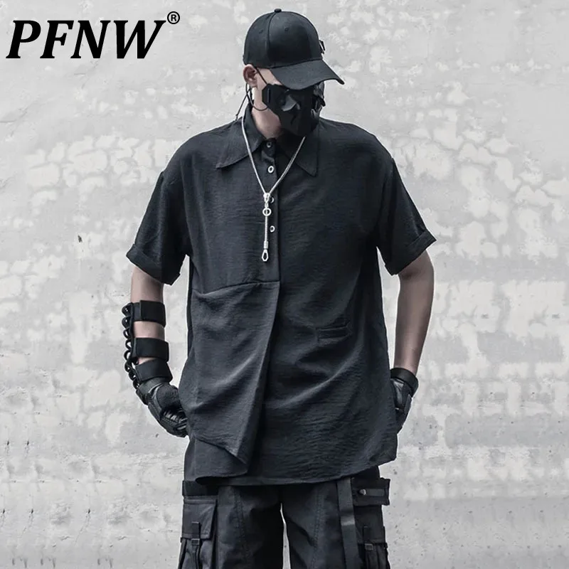 

PFNW Dark Style Men's Shirts Casual Asymmetrical Hem Fake Two-piece Loose Turn-down Collar Short Sleeve Male Clothing 12C330