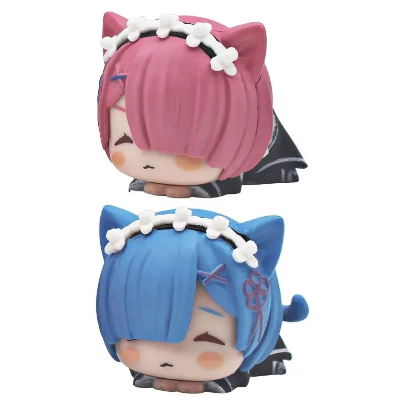 Figurine d'anime RE: ontari- Starting Life in Another World pour enfants, oreilles de chat mignonnes, jouet modèle couché, beurre en PVC, Kawaii, Rem, Emilia, 4cm