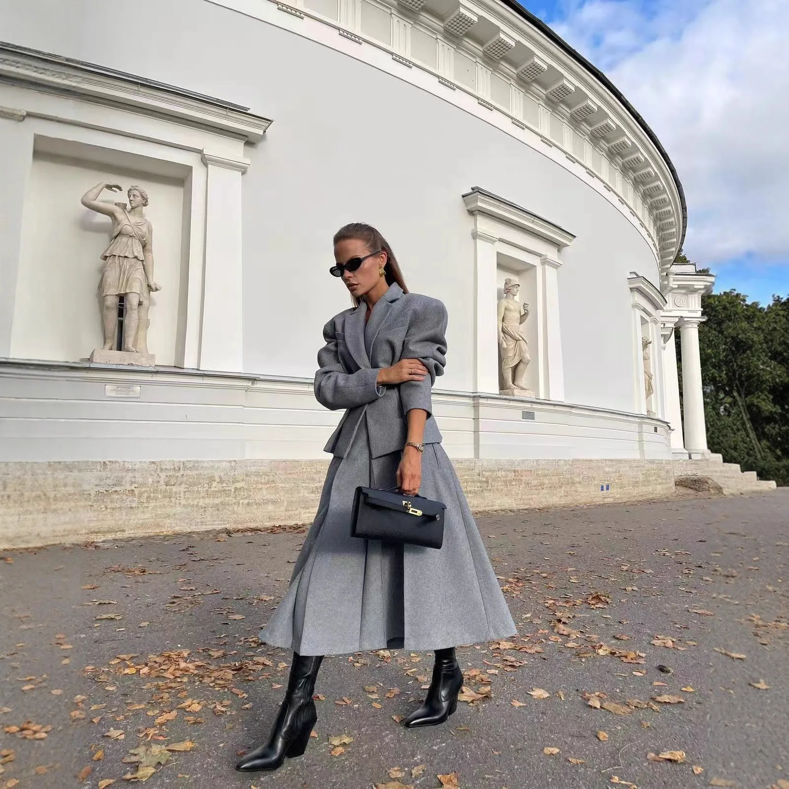 Autumn Winter Office Lady Two Piece Skirt Set Grey Woollen Coat+Women Elegant Lapel Hidden Buckle Blazers Pleated Skirt