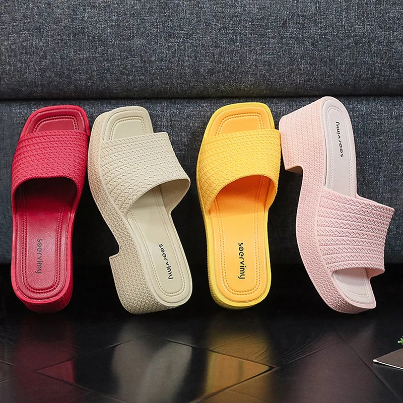 Summer Women Modern Slippers Wedges heels Solid Color PVC Slides Woman Beach Platform Slippers New Square Heel Outside Sandals