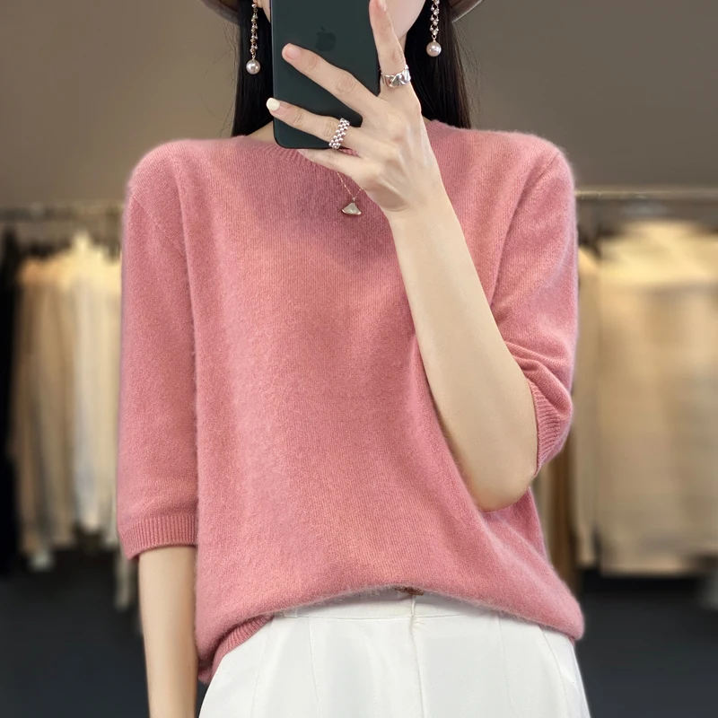 5/4 Sleeves Round Neck Solid Color Pullover Versatile Popular Blouse Spring/Summer Women's New Top